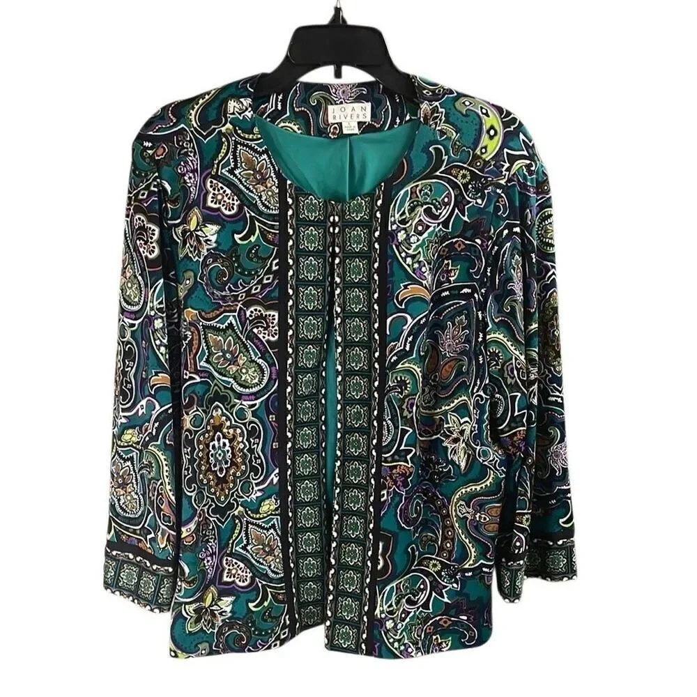 JOAN RIVERS Womens Jewel Tone Paisley Knit Bolero Jacket Cardigan Lined Sz L
